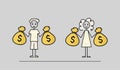 make money, rich male and female characters holding money bags, teens boy and girl with money sacks sketch, black line