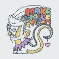 Make More Magic. Cute cartoon princess dragon with mistery wand, doodle childish Royalty Free Stock Photo