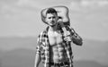 Make my day. hipster fashion. western camping and hiking. happy and free. cowboy man with bare muscular torso. acoustic Royalty Free Stock Photo