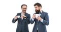 Make new friends visiting business convention or summit. Business people coffee break. Men bearded guys communicate Royalty Free Stock Photo