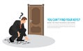 Make the right business decisions concept. Squatting vector flat businessman looking for the right key to open the closed door. Royalty Free Stock Photo