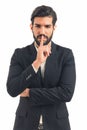 Make silence please Portrait of serious brunette man with beard in suit standing showing quiet gesture, saying hush