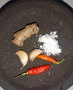 make spices to cook something, this is an activity in the kitchen while preparing some ingredients to make condiments