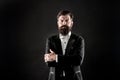 Make statement. Confident man black background. Bearded man keep arms crossed with confidence. Confident look of fashion