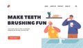 Make Teeth Brushing Fun Landing Page Template. Children Morning Routine, Oral and Health Care. Kids Brushing Teeth
