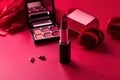 Make up accessories. Lipstick Eyeshadow pallete Blush make-up Brush.