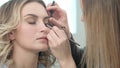 Make-up artist applying eyelash makeup to model eye Royalty Free Stock Photo