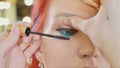 Make-up artist applying makeup to model`s eye. Close up view. Royalty Free Stock Photo