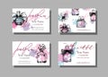 Make-up artist business card. Vector template with beautiful women`s perfume. Fashion and beauty background. Template