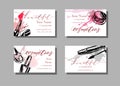Make-up artist business card. Vector template with a drawing of makeup elements-mascara, nail Polish, lipstick. Fashion Royalty Free Stock Photo