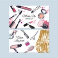 Make up artist and Hair stylist business cards. Beauty and fashion, Vector hand draw Royalty Free Stock Photo