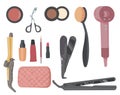 Make-up artist kit. Hair styling accessories set. Cosmetic products eye shadow, lipstick, powder