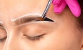The make-up artist makes markings with a white eyebrow pencil and applies paint on the eyebrows. Professional make-up and face