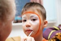 Make up artist making tiger mask for child. Children face painting. Boy painted as tiger or ferocious lion. Preparing for theatre