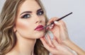 The make-up artist paints the lips of a beautiful woman, completes make-up in the beauty salon. Royalty Free Stock Photo