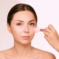 Make up artist. pink brush in women hand