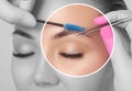 Make-up artist plucks eyebrows with tweezers to a woman before staining with henna.Makeup concept, eyebrow shape modeling and Royalty Free Stock Photo