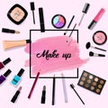 Make up background. Pink Brush stroke. Geometric frame. Vector. Make up products - powder, mascara, brushes, lipstick
