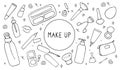 Make up and beauty symbols icon set. Female collection of different products accessoires for skin care and visage. Hand drawn