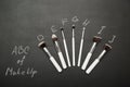 Make up brushes on black background with chulk pictures. Royalty Free Stock Photo
