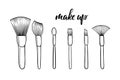 Make up brushes for cosmetics with lettering make up vector set. Black and white hand drawn fashion illustration. Beautiful design Royalty Free Stock Photo