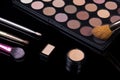 Make-up brushes. Eye shadow palette. Makeup kit. Cosmetic set. Beauty, fashion, style and skin care Royalty Free Stock Photo