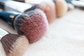 Make up Brushes, Makeup on wood table Royalty Free Stock Photo