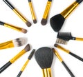 Make-up Brushes set over white background. Various Professional makeup brush on white in studio. Make up artist tools. Flatlay Royalty Free Stock Photo