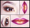 Make up Collage. Beautiful Gold Eyes and lips. Fashion look. Bright Holiday Makeup detail. Royalty Free Stock Photo