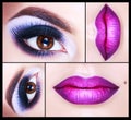 Make up Collage. Beautiful smoky eyes, violet lips. Fashion look. Holiday Make-up detail Royalty Free Stock Photo