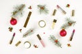 Make up cosmetic with Christmas decoration on white background flat lay Royalty Free Stock Photo