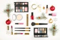 Make up cosmetic with Christmas decoration on white background flat lay Royalty Free Stock Photo