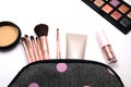 Make up Cosmetics bag and set of professional decorative, makeup tools and accessory on white background. beauty, fashion and Royalty Free Stock Photo