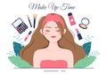 Make Up Cosmetics Collection of Glamour Girl Like Nail Polish, Mascara, Lipstick, Eyeshadows, Brush or Powder in Illustration