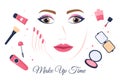 Make Up Cosmetics Collection of Glamour Girl Like Nail Polish, Mascara, Lipstick, Eyeshadows, Brush or Powder in Illustration