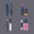 Make up cosmetics set of vector icons in cartoon style. Beauty salon and woman cosmetic magazine illustrations. Royalty Free Stock Photo