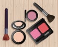 Make up cosmetics in wooden background