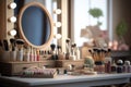 Make up desk on dressing table full of cosmetics and brushes. Make studio concept