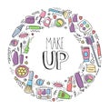 Make up doodle logo with lipstick, cream, mascara, powder, shades, brush, handwritten lettering. Text, make up and cosmetics