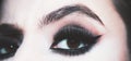 Make up eyes. Closeup of beautiful womanish eye. Close up macro of beautiful female eye with perfect shape eyebrows