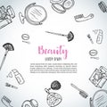 Make up hand drawn background. Doodle beauty items. Collection of brushes, nail polishes, lipsticks. Royalty Free Stock Photo
