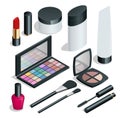 Make up. Hand drawn cosmetics set. Nail polish, mascara, lipstick, eye shadows, brush, powder, lip gloss. Flat 3d vector Royalty Free Stock Photo