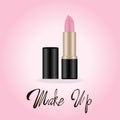 Make up lettering, Rose lipstick, vector illustration on light rose background