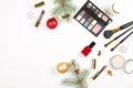 Make up set cosmetic with christmas decoration on white background flat lay Royalty Free Stock Photo