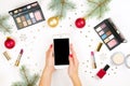 Make up set cosmetic with christmas decoration on white background flat lay Royalty Free Stock Photo