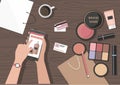 Make-up products on the table. Online beauty shop.