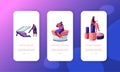 Make Up School Mobile App Page Onboard Screen Set. Women Use Cosmetics Testing Skin Care Products in Beauty Salon