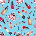 Make Up seamless pattern. Fashion. Glamor accessories. Watercolor pattern with lipstick, perfume and nail polish on a blue