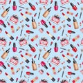 Make Up seamless pattern. Fashion. Glamor accessories. Watercolor pattern with lipstick, perfume and nail polish on a blue