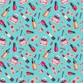 Make Up seamless pattern. Fashion. Glamor accessories. Watercolor pattern with lipstick, perfume and nail polish on a blue